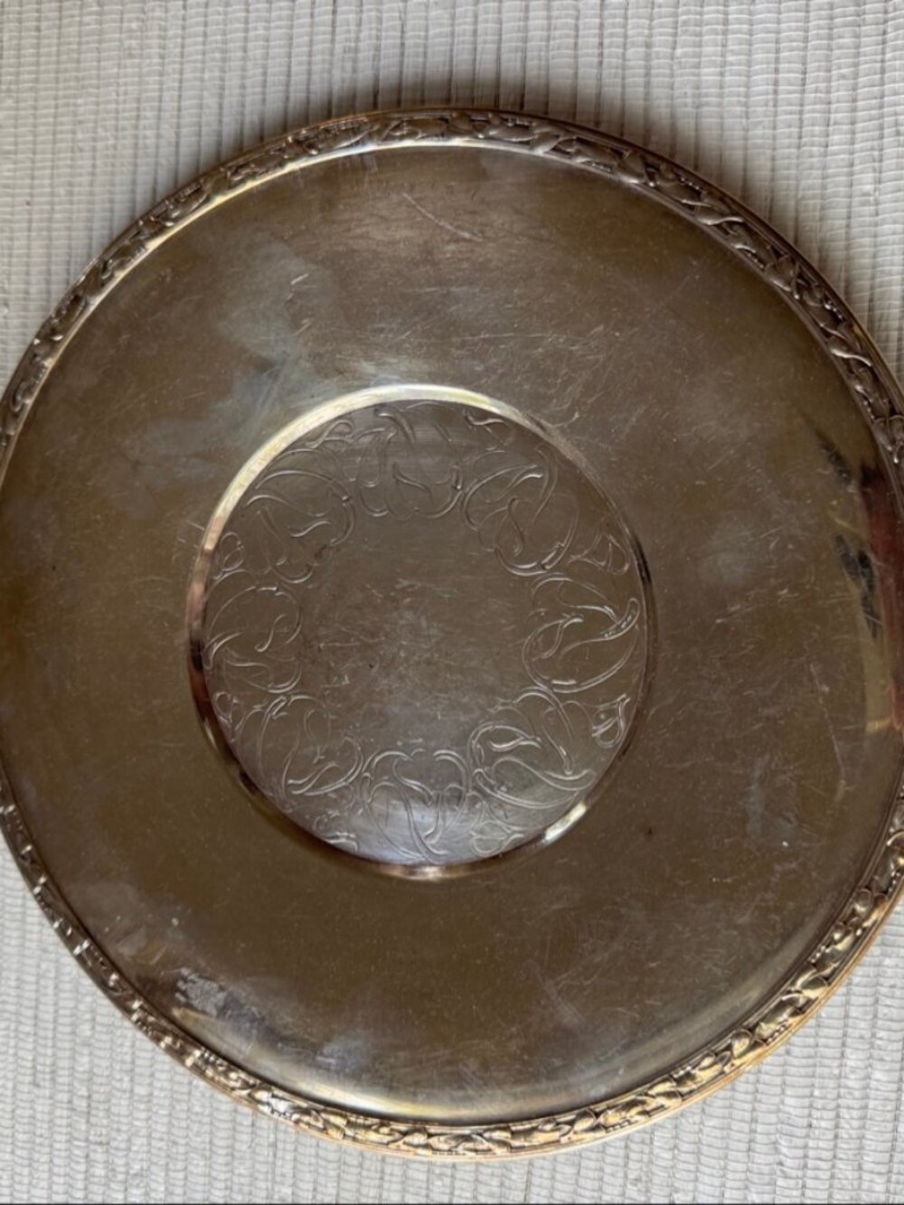 Wm A Rogers Silverplate Round Tray | Meadowbrook, Engraved Center